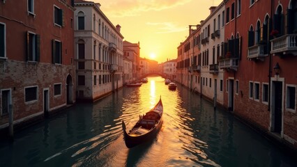 Fototapeta premium Serene Gondola Journey Through Venice Canals at Sunrise