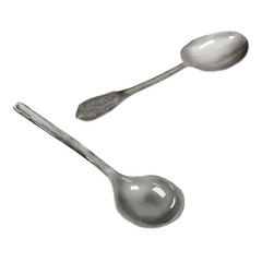 Tea spoons chromed Watercolor digital illustration. Kitchen cutlery isolated on white background. Set, silver and metal spoons for tea and coffee, Kitchen and food theme