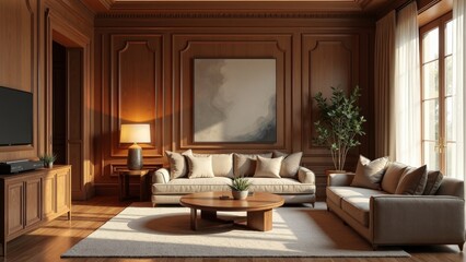 Fototapeta premium Elegant Luxurious Living Room with Antique Wooden Furniture and Soft Ambient Lighting