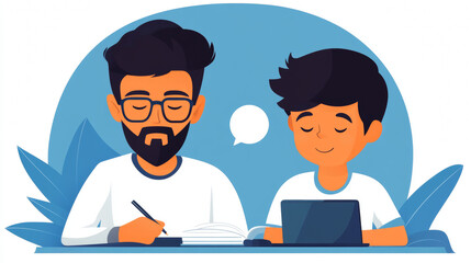 Fototapeta premium A father and son are working together on their projects, the father is writing in a notebook, and the son is on his laptop.