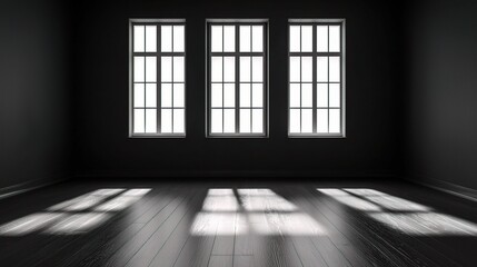 Dark Room with Three Windows and Floor Reflection