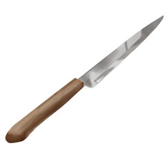 Chrome knife with wooden handle. Watercolor digital illustration. Kitchen cutlery isolated on white background. Element of cutlery and restaurant utensils Suitable for kitchen and food theme