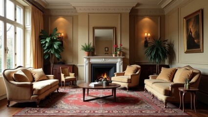 Fototapeta premium Chic Drawing Room with Elegant Vintage Furniture and Cozy Ambiance