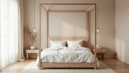 Elegant Minimalist Bedroom Featuring a Canopy Bed and Neutral Palette
