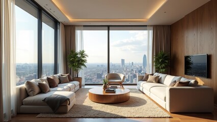 Fototapeta premium Elegant Penthouse Lounge with Expansive Views of the City