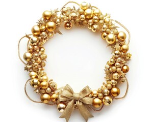 Obraz premium Gold Christmas Wreath. Festive Holiday Wreath with Golden Baubles, Berries, and Bows on White Background