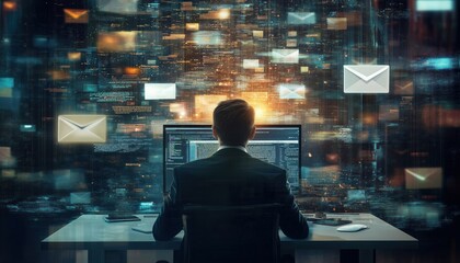 Businessman Engaged In Laptop Computer Work, Sending Emails Via Virtual Screen For Email Marketing Campaign.