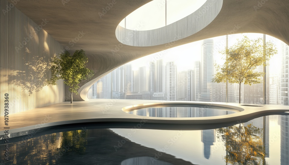 Poster abstract indoor architecture with empty concrete floor in cityscape rendered in 3d. an artistic repr
