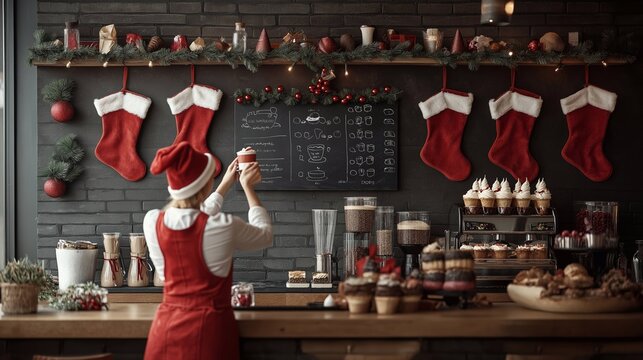 A female barista writes out the day’s holiday specials on a chalkboard, festive drinks and desserts. The cafe with holiday stockings, Christmas and new year holidays. A woman decorates a coffee shop