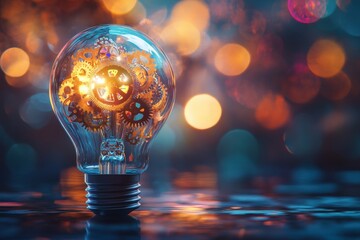 Light bulb filled with glowing gears symbolizing innovation and creativity