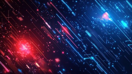 Fototapeta premium Abstract digital background with glowing lines and particles in red and blue hues.