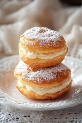 Freshly baked doughnuts on a clean white plate, perfect for breakfast or snack