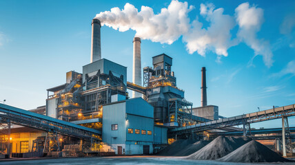 Obraz premium A sprawling industrial plant with smokestacks emitting smoke against a clear blue sky, showcasing the power of modern manufacturing.