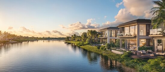 Fototapeta premium Modern waterfront homes with lush greenery and a serene river at sunset.