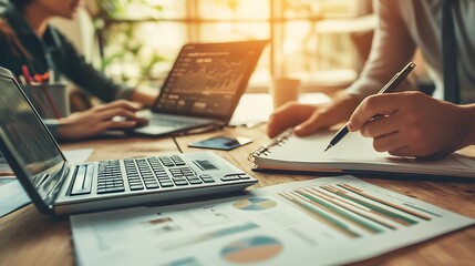 A business team analyzing financial data on laptop, Business team analyzing financial