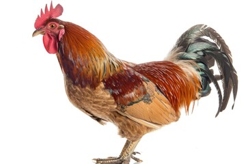 Fototapeta premium A rooster stands on a clean white surface, ready for action