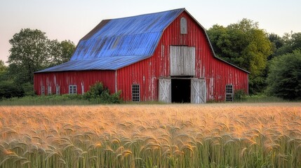 Obraz premium Red barn with blue roof in a field of wheat at sunset.