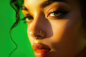 Close-up shot of a woman with a visible nose piercing, suitable for editorial or lifestyle use