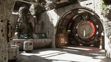 A futuristic space station corridor with a circular airlock door, control panels, and natural lighting