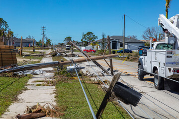 Storm Aftermath with Fallen Power Lines and Utility Workers Repairing Damage in Residential Neighborhood"