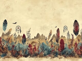 Dreamcatchers and Feathers in Serene Nature Landscape with Birds and Mountains Art â€“ Vintage Aesthetic, Earthy Tones, Bohemian Style, Artistic Forest Scene