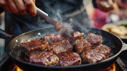 Grilling succulent beef steaks on a hot skillet with tongs, surrounded by sizzling steam and rich aromas