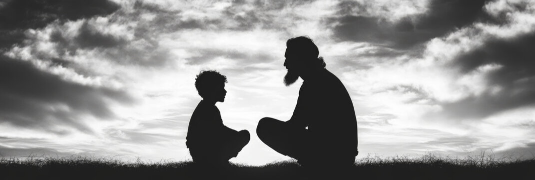 A father and son sit facing each other, silhouetted against a cloudy sky.