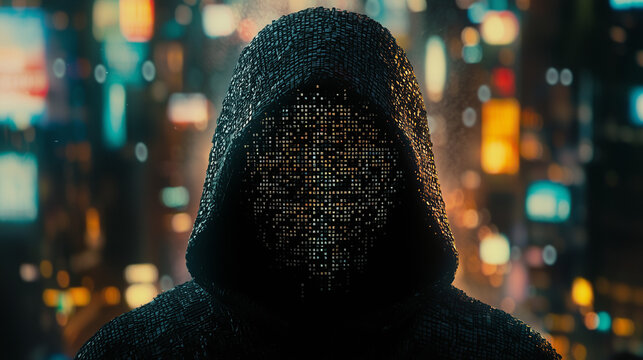 Mysterious figure in a hood with digital pixelated face in a cyberpunk cityscape at night, evoking a sense of anonymity