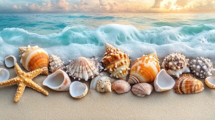 Seashells and starfish on a sandy beach with an ocean wave.