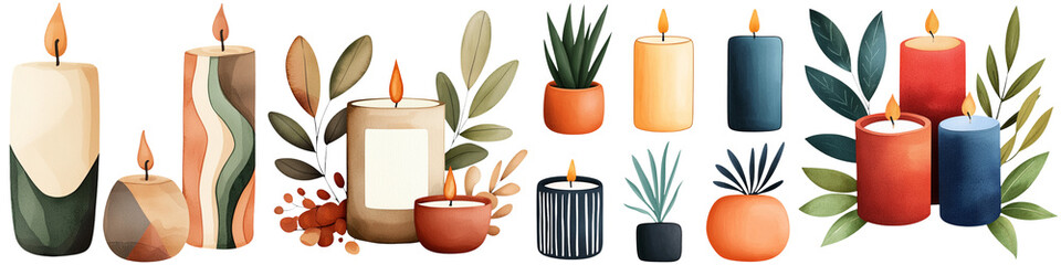 A collection of various candles in different shapes and colors, adorned with botanical elements.