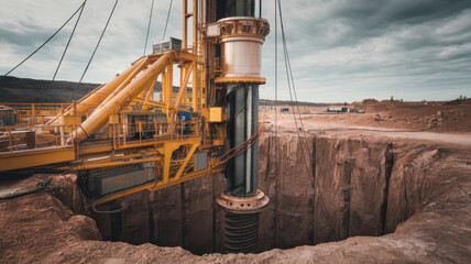 An industrial drilling machine operates at a large excavation site, showcasing its robust structure and intricate machinery under a dramatic sky.