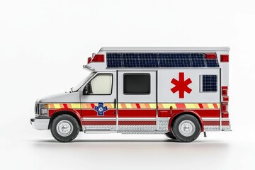 Red and white ambulance with solar panels.