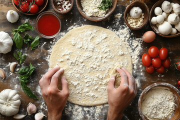 Preparing pizza dough with fresh ingredients on a wooden kitchen table in a cozy home setting. Generative AI