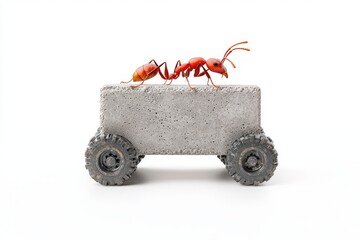 Several ants are lifting a concrete block. Space for text.