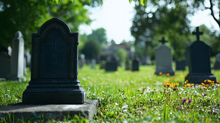 Obraz premium Serene cemetery route bordered by headstones and towering trees in delicate daily light. Visit a Cemetery Day, history and memories
