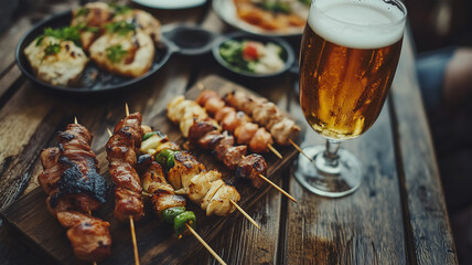 古風な居酒屋の焼き鳥とビール