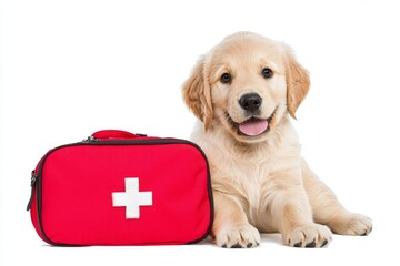 An adorable Labrador Retriever puppy poses on the floor holding an emergency aid set in its mouth. His paws are holding a red first aid kit.