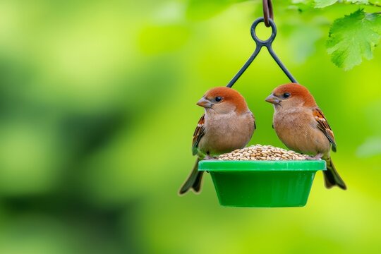 Keeping a garden, outdoor and a sparrow in a bird feeder feeding on seeds for growth on a tree. Conservation, conservation, and sustainability of food and nutrition for animal health.