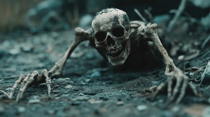 A skeleton lying on the ground in dirt