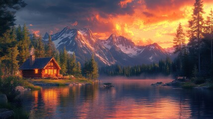 Fototapeta premium Scenic Log Cabin by Lake in the Mountains at Sunset