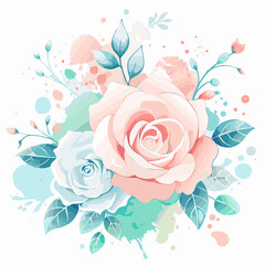 Beautiful rose bouquet illustration with watercolor splashes and soft pastel colors for t-shirt print