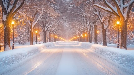 Snowy pathway lined with trees and streetlights.