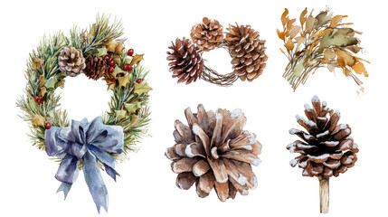 Fototapeta premium Watercolor Christmas Wreath With Pinecones and Foliage Generative AI
