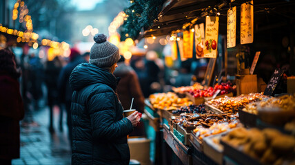 Naklejka premium An outdoor market with stands offering hot drinks, baked goods, and seasonal produce under twinkling lights, with people bundled up against the cold. Text space near the stands