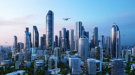 Obraz premium A futuristic city skyline featuring modern skyscrapers, greenery, and drones, set against a serene blue sky during twilight.