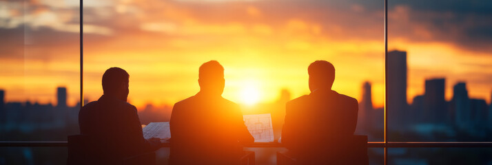Three businessmen silhouette at sunset in an office building.