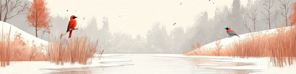 Fototapeta premium Serene Winter Landscape with Birds, Snowy River, and Frosty Trees in Tranquil Nature Scene Capturing Peaceful Quiet Beauty of Cold Season Wildlife and Scenery