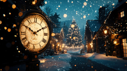 An animated countdown clock in a cozy winter village with soft snow falling, space above for New Year wishes, creating a celebratory and warm atmosphere.