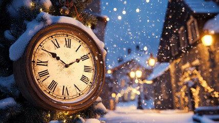 An animated countdown clock in a cozy winter village with soft snow falling, space above for New Year wishes, creating a celebratory and warm atmosphere.