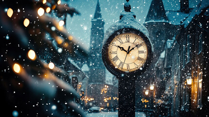 An animated countdown clock in a cozy winter village with soft snow falling, space above for New Year wishes, creating a celebratory and warm atmosphere.